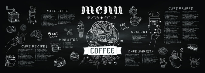 Fototapeta na wymiar Coffee house menu. Restaurant cafe menu, template design. Food flyer. Layout with vintage lettering and frame of hand-drawn graphic sweets. Vector.