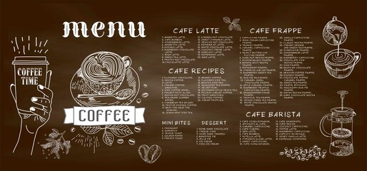 Coffee house menu. Restaurant cafe menu, template design. Food flyer. Layout with vintage lettering and frame of hand-drawn graphic sweets. Vector.