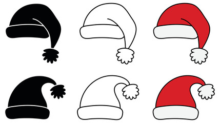 Santa Hat Clipart Set - Outline, Silhouette and Color