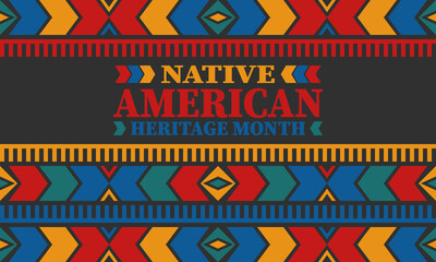 Native American Heritage Month. American Indian culture. Celebrate annual in in November in United States. Tradition Indian pattern. Poster and banner. Vector authentic ornament, ethnic illustration