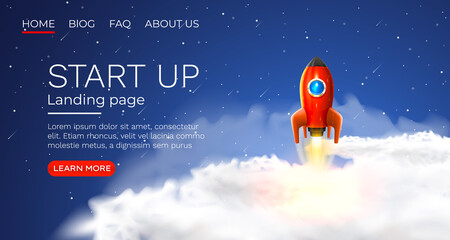Start up idea Landing page screen, development technology, rocket banner. Vector © hobbitfoot