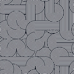 Geometric striped pattern of circles and straight lines. Seamless modern ornament.