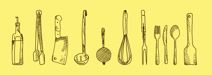 Hand drawn set of kitchen utensils on a chalkboard. Items, drawing.  Easily Editable Vector. EPS 10.
