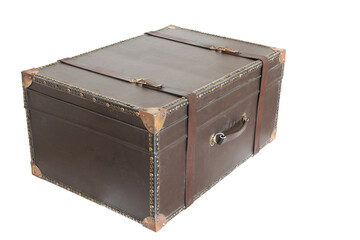 Old vintage leather brown suitcase, isolated on white background