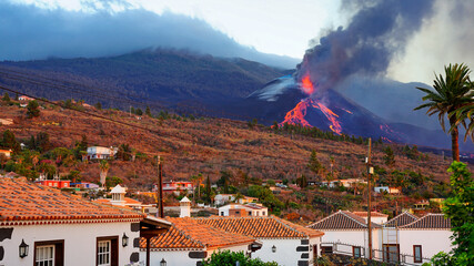 Eruption near Towns in La Palma. Canary Islands - obrazy, fototapety, plakaty