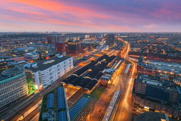 The Hague, Netherlands cityscape overlooking Den Haag HS railway Station