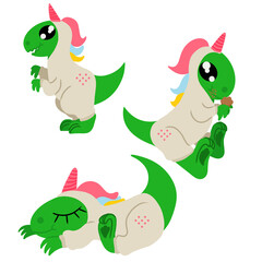 Set of cute dinosaurs in unicorn kigurumi. Dinosaur who just stands there eating muffin and sleeping one. Image isolated on white background. Vector illustration. Design element