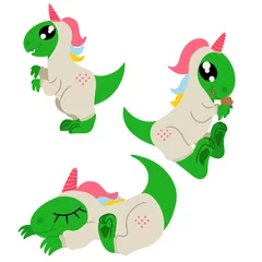 Fotobehang Set of cute dinosaurs in unicorn kigurumi. Dinosaur who just stands there eating muffin and sleeping one. Image isolated on white background. Vector illustration. Design element © Irina