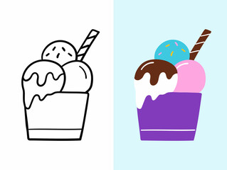 Ice cream balls in a glass. Doodle sketch. Hand drawn vector illustration.