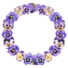 watercolor wreath of pansies, hand drawn floral illustration isolated on white background