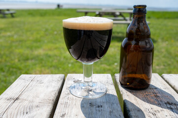 Glass of dark strong belgian beer served on outdoor terrace with green grass meadow on background