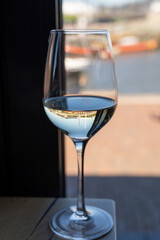 Glass of white wine served in cafe with view on harbour of Harlingen, vacation in Friesland, Netherlands