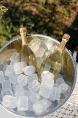 Champagne bottles with ice, white sparkling wine. White wine.