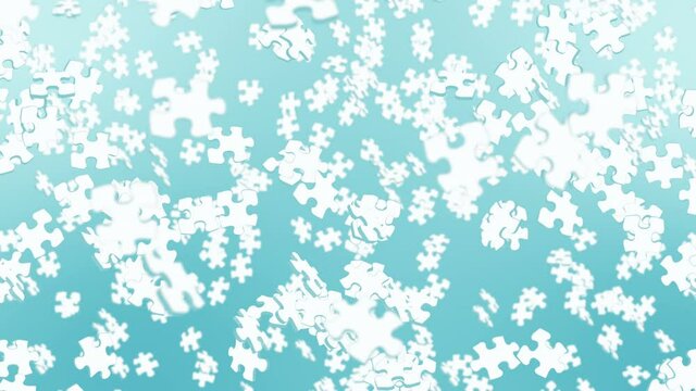 Many white puzzle pieces floating in air on blue background. Business success and solution concept. 3D loop animation.