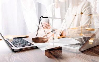 Business and lawyers discussing contract papers with brass scale on desk in office. Law, legal services, advice, justice and law concept picture with film grain effect