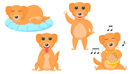 Set Abstract Collection Flat Cartoon 
Different Animal Dogs Stand, Sleeping, Waving Hand, Plays The Lyre Vector Design Style Elements Fauna Wildlife