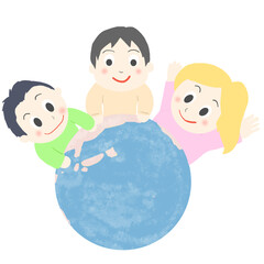 地球を眺める子供3人　イラスト　かわいい　人物