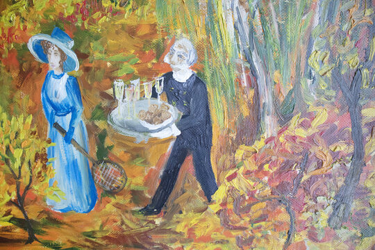 Historical personages Belle Epoque. Old victorian servitor with heavy tray. People in autumn nice park. Lady on a walk fine art illustration. Servants with refreshment artwork. Luxury service concept.
