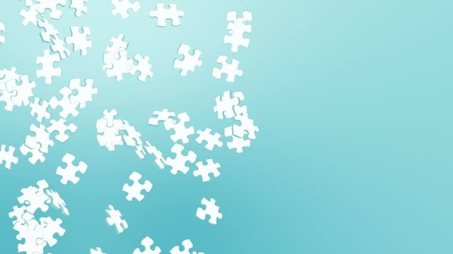 Many white puzzle pieces floating in air on blue background. Business success and solution concept. 3D loop animation.
