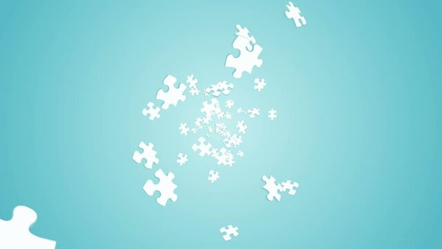 Many white puzzle pieces floating in air on blue background. Business success and solution concept. 3D loop animation.
