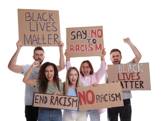 Protesters demonstrating different anti racism slogans on white background. People holding signs...