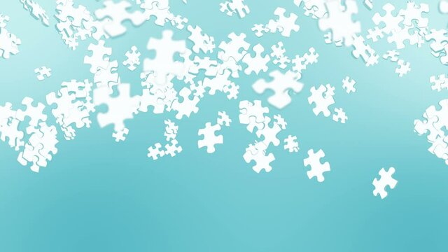 Many white puzzle pieces floating in air on blue background. Business success and solution concept. 3D loop animation.