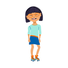 Vector illustration of happy smiling girl rollerblading. Summer children sport activity. Cartoon style portrait isolated on white background.