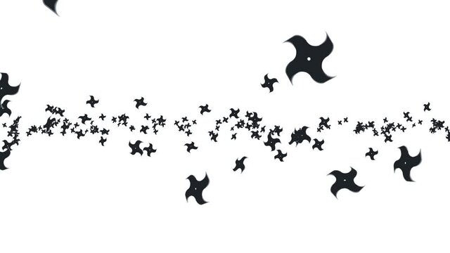 Many ninja shuriken throwing in air on white background. Japanese culture metal weapon. Martial art concept. Loop animation.