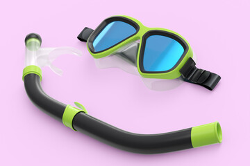 Green diving mask and snorkel isolated on a pink background