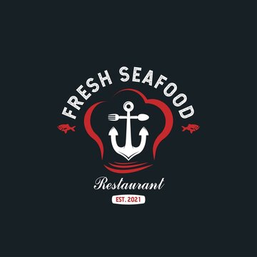 Vintage Anchor Restaurant Logo. With anchor, spoon, fork, fish, and seafood icon. Premium and luxury logo design template