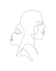 Silhouettes of a couple in profile. A man and a woman look in different opposite directions . Portrait of contemporary abstract art. Relationships between people. Vector graphics.