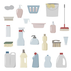Vector set of products for cleaning. Isolated on a white background. Colorful collection of illustrations of detergents.