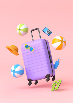 Colorful suitcase or baggage with beach accessories on pink background.