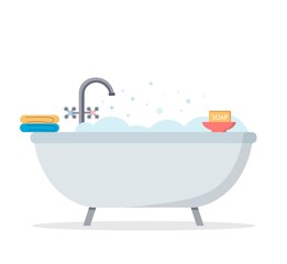 Naklejka premium Foam bath with towel and soap. Vector illustration on white isolated background. Flat style.