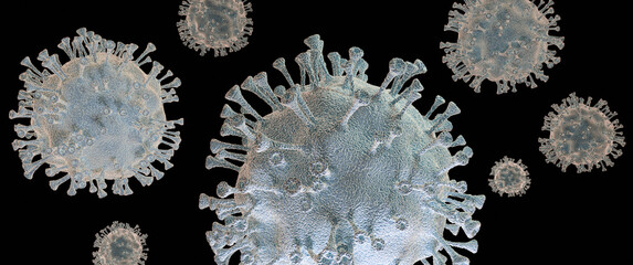 Omicron, Coronavirus - schematic, stylized image of a virus of the Corona family on a transparent background, 3D rendering