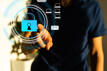 business, technology, internet and networking concept - businessman pressing security button on virtual screens