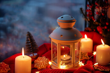 Winter Christmas holidays background with candles; christmas light; Cup of cocoa with marshmallow...