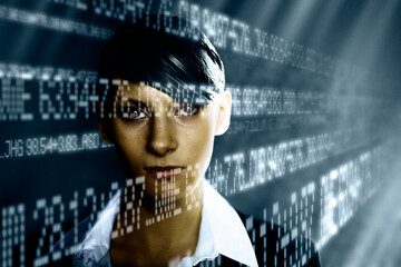 Portrait of business woman with gray data beams, cgi