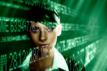 Portrait of business woman with green data beams, cgi