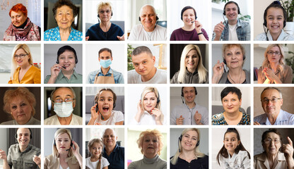 Obraz na płótnie Canvas Headshot screen application view of smiling multiracial employees talk speak on video call brainstorm together, multiethnic coworkers engaged in team discussion online using Web conference