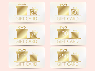 Set of gift cards with gold gift boxes. Design template for gift and discount card, marketing products. Cards in denominations: 25, 50, 75, 100, 150, 250. Vector illustration