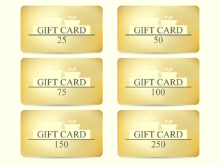 Set of golden gift cards with gift box. Design template for gift and discount card, marketing products. Cards in denominations: 25, 50, 75, 100, 150, 250. Vector illustration