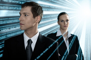 Business people with data beams, cgi