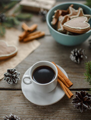 ginger cookies, coffee, top view, christmas table, natural background