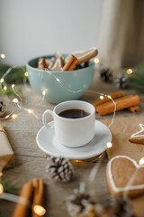 ginger cookies, coffee, top view, christmas table, natural background