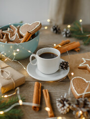 Fototapeta na wymiar ginger cookies, coffee, top view, christmas table, natural background