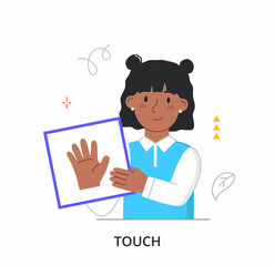 Girl with palm. Concept of touch, anatomy, biology, receptors, nerves. Way of perceiving world, one of five senses. Perception, physiological, tactile sensations. Cartoon flat vector illustration