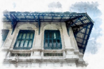 ancient building european architecture watercolor style illustration impressionist painting.