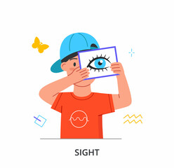 Concept of sight. Boy stands with eye sign. Visual personality type. Vision, five senses. Character demonstrates image of pupil. Anatomy, biology, education. Cartoon flat vector illustration