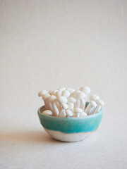 Fototapeta na wymiar bowl with raw Bunapi Shimeji mushroom, hypsizygus tessulatus, isolated on a light background.